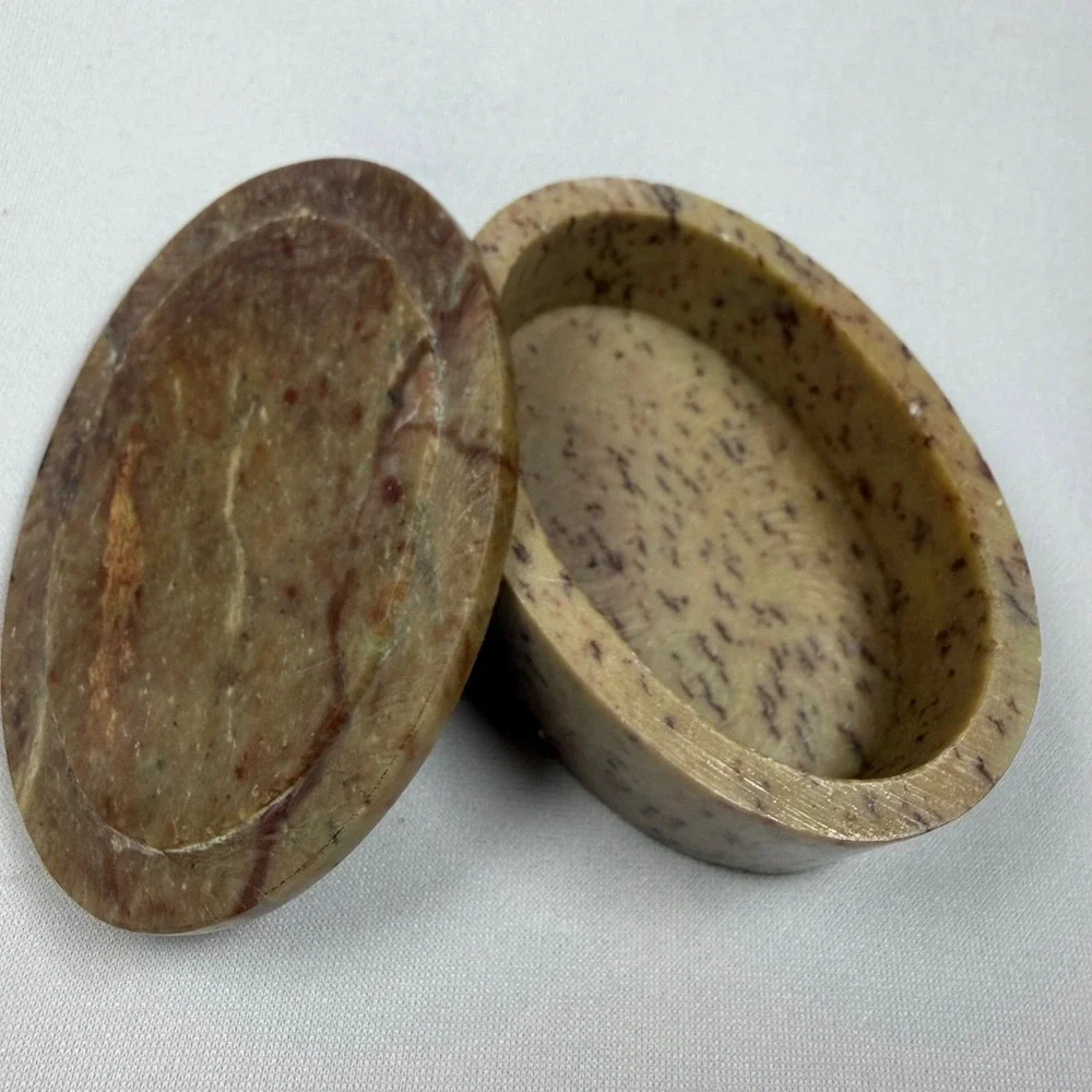 Vintage Hand Carved Soapstone Trinket Box‎ with Floral Inlay – Made in IndiaBoho